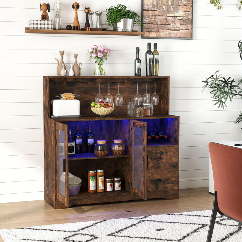 GIANTEX Wine Bar Cabinet with LED Lights & Charging Station