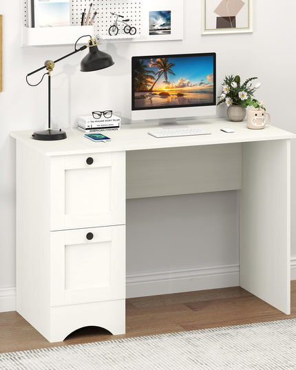 Giantex White Desk with 2 Drawers, 43” Wooden Home Office Desk with Charging Station