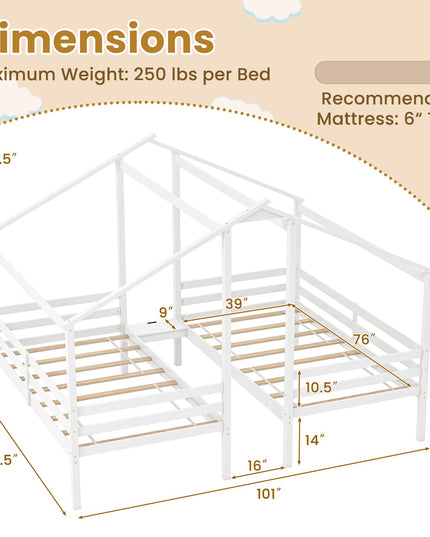 Giantex Double Twin Bed Frames for Kids, Wood House Shaped Platform with Built-in Nightstand & USB Port