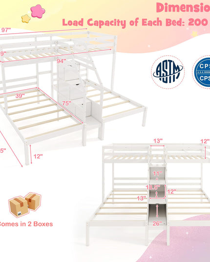 Giantex Twin Over Twin & Twin Bunk Bed, Triple Bunk Beds with 4-Step Storage Stair, Wooden 3 Bunk Beds for Kids Teens