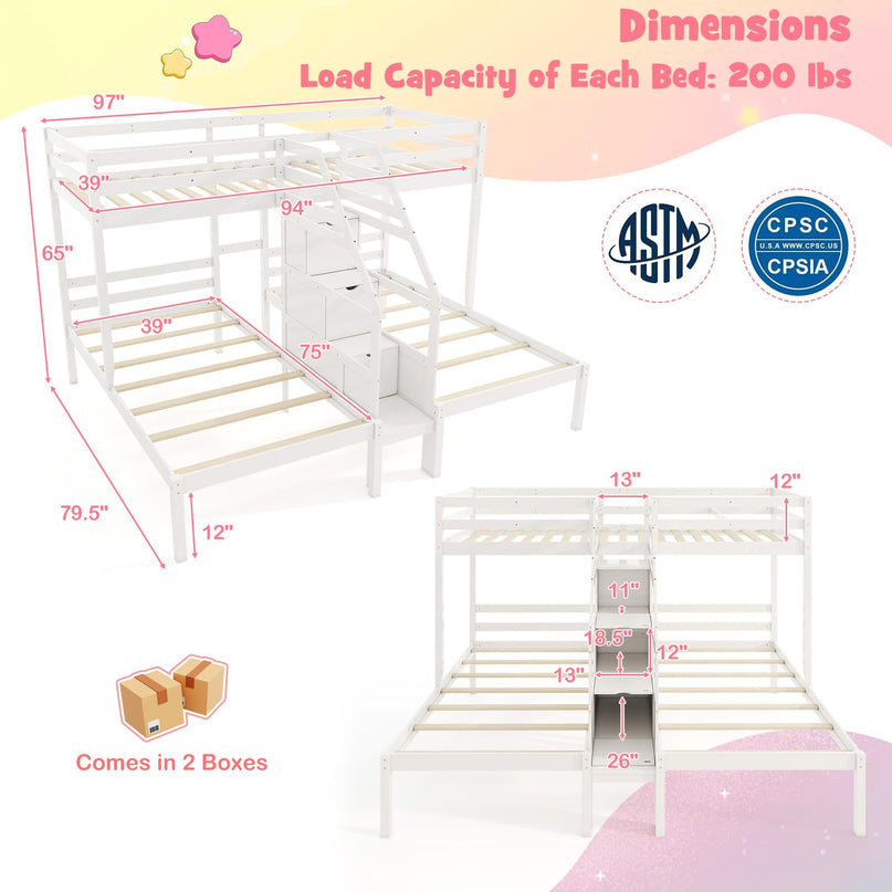 Giantex Twin Over Twin & Twin Bunk Bed, Triple Bunk Beds with 4-Step Storage Stair, Wooden 3 Bunk Beds for Kids Teens