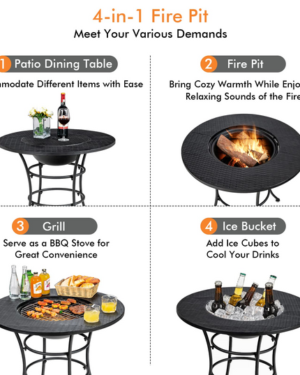 Giantex Fire Pit for Outside 32 Inch, 4-In-1 Multifunctional Dining Table for Camping,Metal Round Small Outdoor Fire Pits