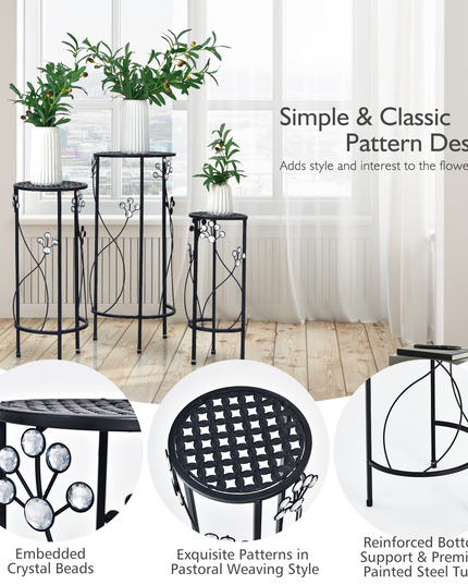 3 Pieces Flower Pots Display Rack with Vines and Crystal Floral Design