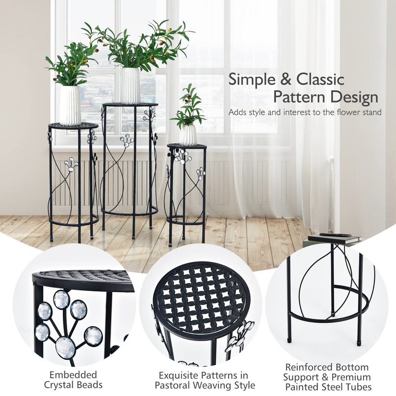 3 Pieces Flower Pots Display Rack with Vines and Crystal Floral Design