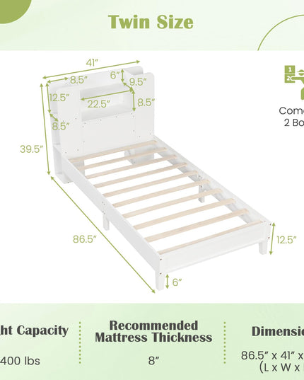 Giantex Twin Bed Frames for Kids, Wooden Twin Size Bed with Storage Bookcase Headboard
