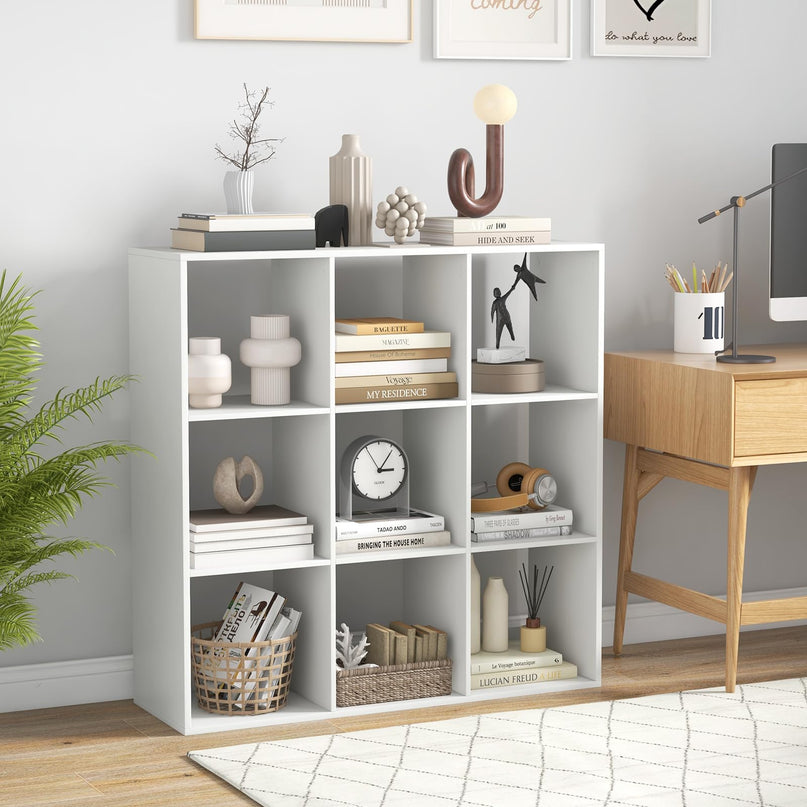 Giantex 9-Cube Bookcase, White Cubby Bookshelf w/Back Guardrail & Anti-Tipping Kits