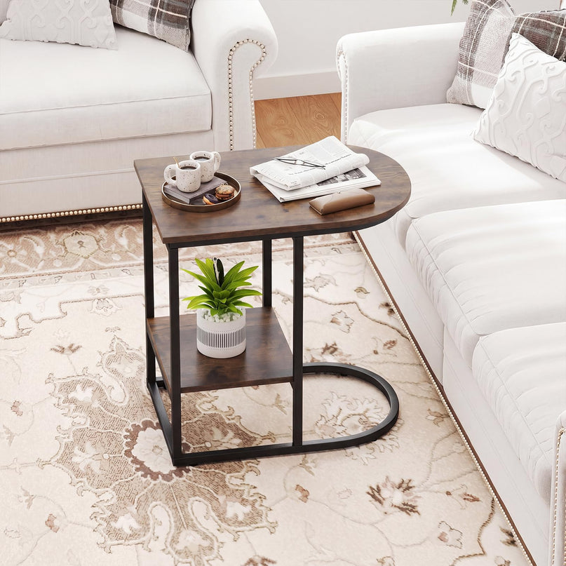 Giantex C Shaped End Table with Industrial Wood Tabletop & Storage Shelf