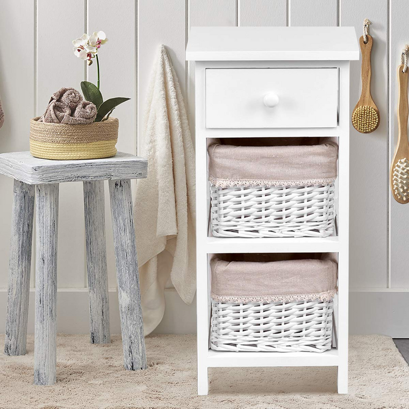 Giantex Wooden Nightstand 3-Tier Modern Bedside Table with 1 Drawer and 2 Storage Baskets