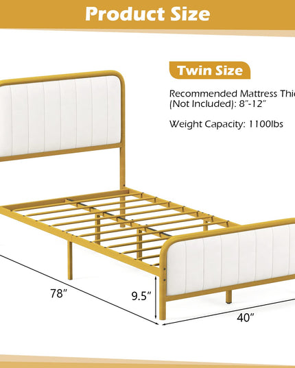 Giantex Twin Size Gold Bed Frame with Velvet Headboard and Footboard, Heavy-duty Metal Slats Support Mattress Foundation
