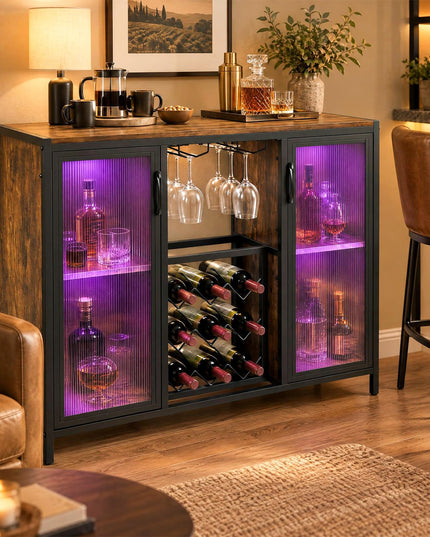GIANTEX Modern Coffee Bar Cabinet with LED Lights & Wine Racks