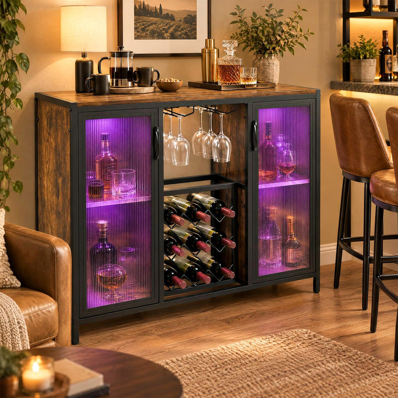 GIANTEX Modern Coffee Bar Cabinet with LED Lights & Wine Racks