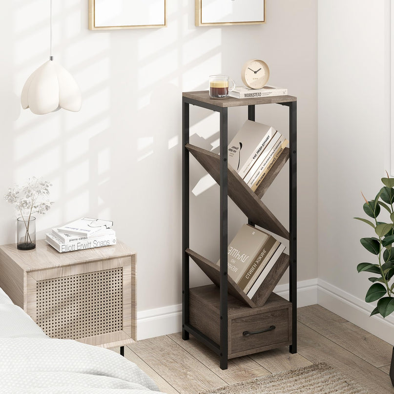 Giantex Tree Bookshelf with Drawer, 4-Tier Narrow Bookcase with Metal Frame, Tall Floor Standing Storage Organizer for Small Space