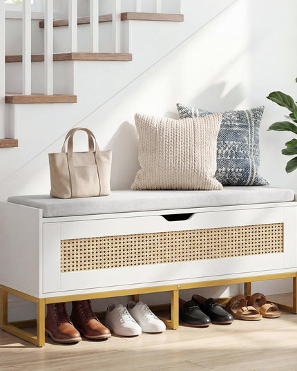 Giantex Rattan Shoe Bench with Metal Legs for Bedroom