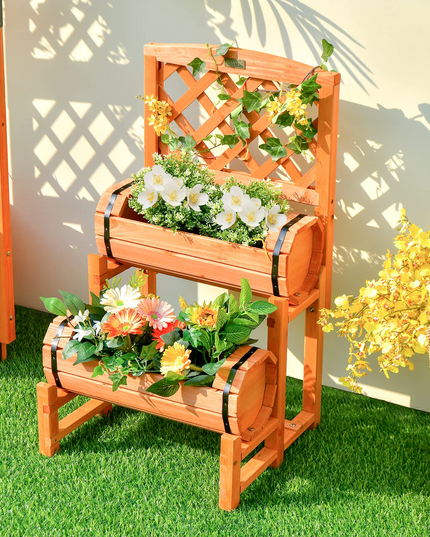 Giantex Raised Garden Bed with 2 Barrel Planters & Trellis, 2-Tier Freestanding Wooden Raised Bed for Vegetable Flower Fruit