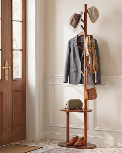 Giantex Coat Rack Freestanding | 70" Solid Wood Clothing Rack with 8 Hooks and 2 Storage Shelves