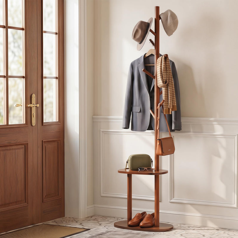 Giantex Coat Rack Freestanding | 70" Solid Wood Clothing Rack with 8 Hooks and 2 Storage Shelves