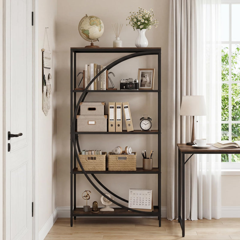 Giantex 5-Tier Bookshelf | 65" Tall Industrial Etagere Bookcase with Half-Moon Shape