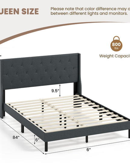 Giantex Queen Size Upholstered Bed Frame with Button Tufted Wingback Headboard
