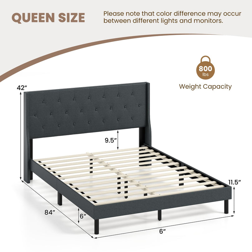 Giantex Queen Size Upholstered Bed Frame with Button Tufted Wingback Headboard