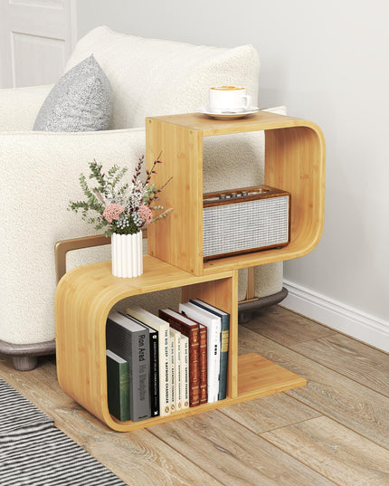 Giantex S-Shaped Bookcase, 2-Tier Bamboo Bookshelf with 2 Open Cubes, Geometric Corner Display Shelf
