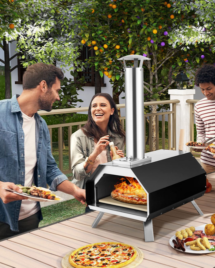 Giantex Outdoor Pizza Oven, Wood Pellet Fired Pizza Grill with 12'' Pizza Stone, Pizza Peel, (Black & Silver)