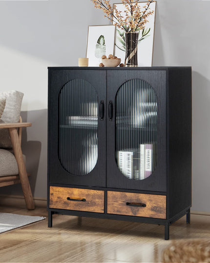 Giantex Buffet Cabinet with 2 Drawers, Wooden Sideboard, Standing 2-Tier Cupboard (Black & Brown)
