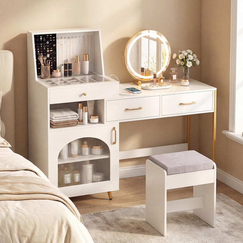 CHARMAID Vanity Desk with Charging Station Jewelry Organizer