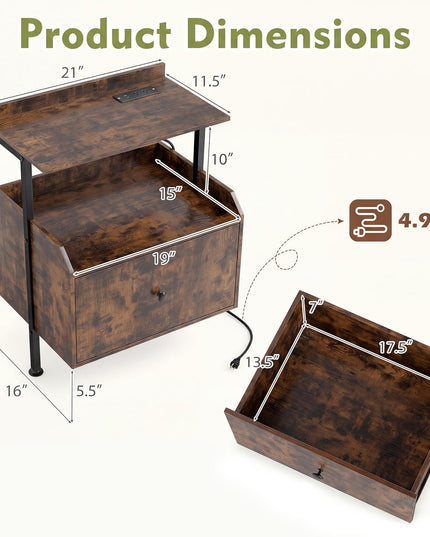 Giantex Nightstand w/Charging Station & LED Light for Bedroom Living Room Study