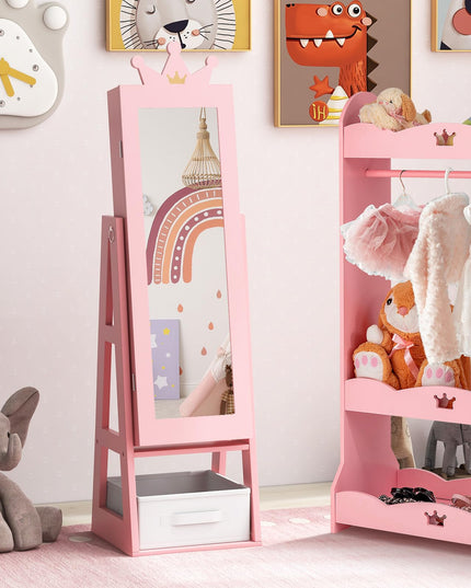 CHARMAID Kids Mirror Jewelry Cabinet - 45.5'' Standing Jewelry Armoire with Full Length Mirror