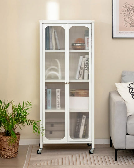Bibliothèque Giantex avec portes, étagère à 4 niveaux de 147 cm de haut avec roulettes, étagères réglables (blanc)