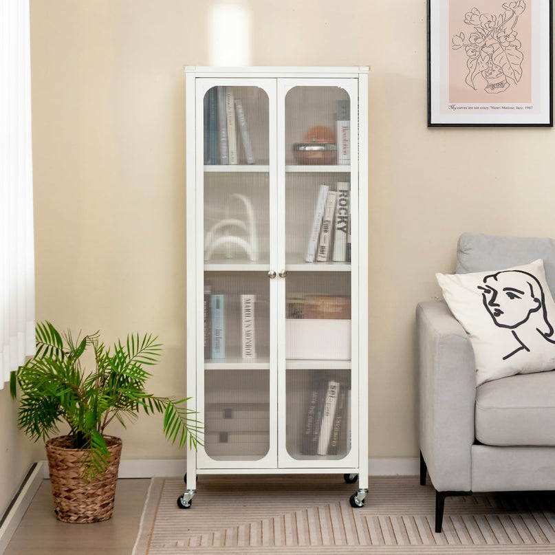Giantex Bookcase with Doors, 58" Tall 4-Tier Bookshelf with Wheels, Adjustable Shelves (White)