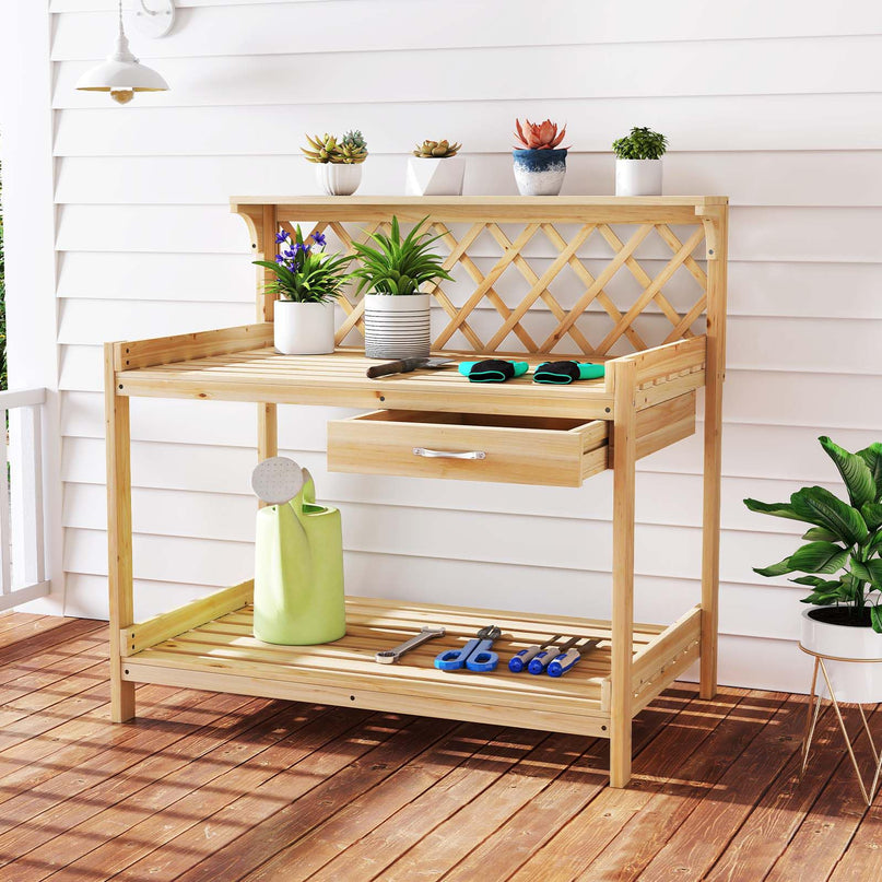 Giantex Potting Bench Wood Potting Table with 3-Tier Shelves