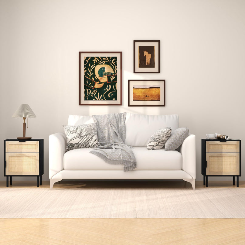 Giantex Table de Chevet en Rotin (Lot de 2), Table d'Appoint Mid-Century Moderne avec Tiroir et Armoire, Table d'Extrémité de Canapé avec Pieds en Métal Robustes