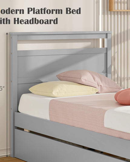 Giantex Wood Twin Bed with 2 Storage Drawers, Solid Wood Platform Bed with Headboard