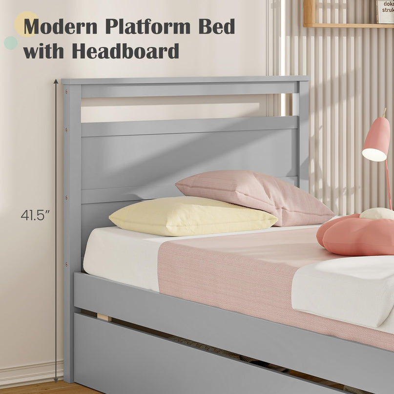 Giantex Wood Twin Bed with 2 Storage Drawers, Solid Wood Platform Bed with Headboard