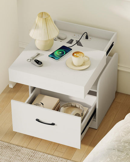 Giantex Nightstand with Charging Station Modern Bedside Table