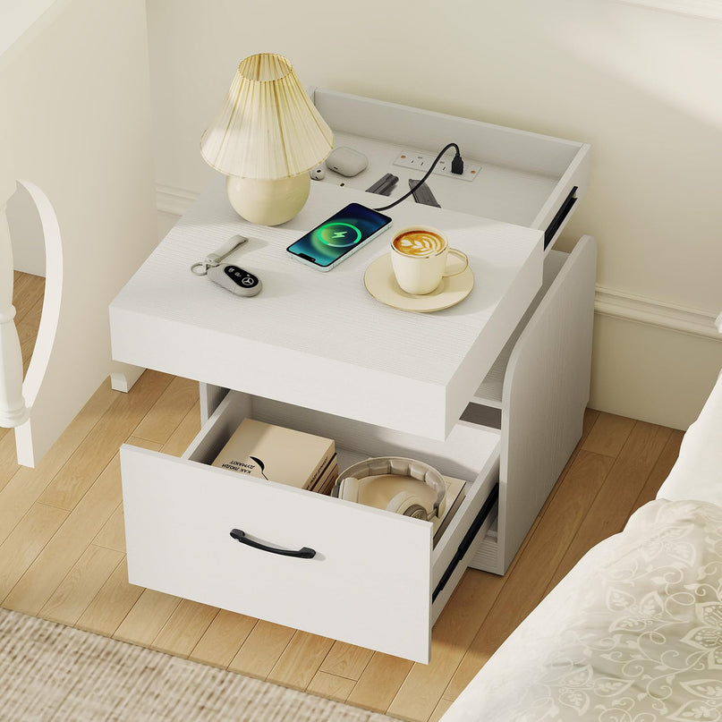 Giantex Nightstand with Charging Station Modern Bedside Table