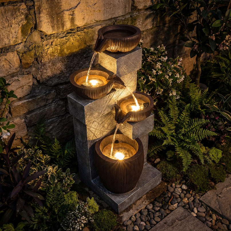 Giantex 4-Tier Cascading Bowls Waterfall Fountain with Warm LED Lights & Pump