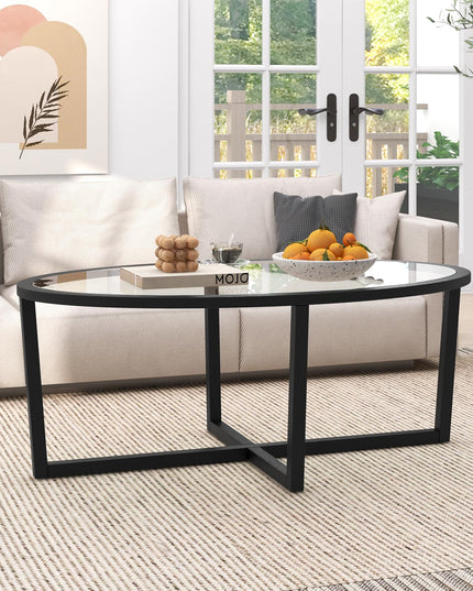 Giantex Glass Coffee Table, 46.5" Oval Accent Sofa Tea Table with Tempered Glass Top, Cross Base & Acacia Wood Legs