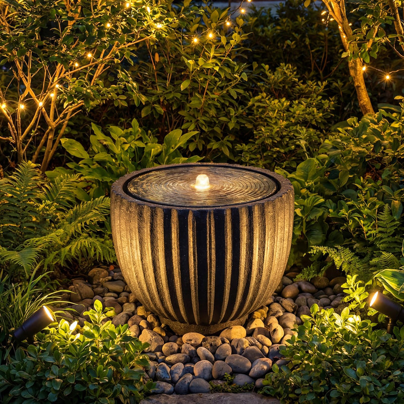 Giantex 17.5" Round Outdoor Water Fountain with 6 LED Lights & Adjustable Pump