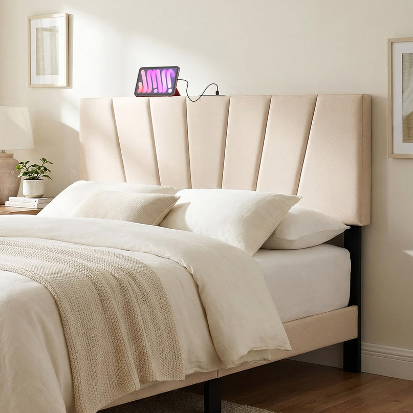 Tête de lit Giantex avec station de charge Grand lit/lit double (capitonnage vertical avec fonction de charge)