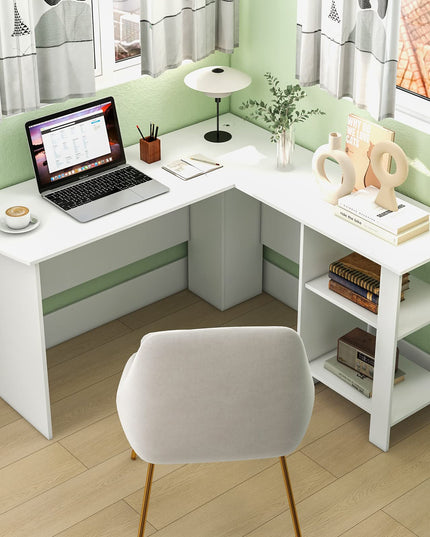 Giantex L Shaped Computer Desk, 51" Large Corner Desk with 2 Cable Holes & 2 Storage Shelves, White