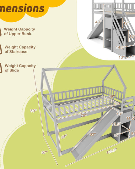 Giantex House Bunk Bed Twin Over Twin with Slide & Stairs for Kids Teens