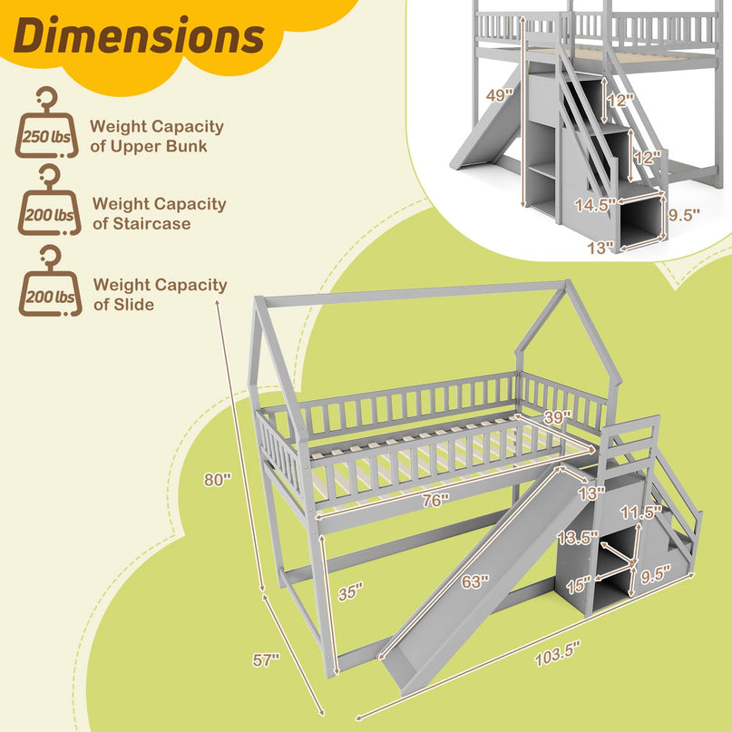 Giantex House Bunk Bed Twin Over Twin with Slide & Stairs for Kids Teens
