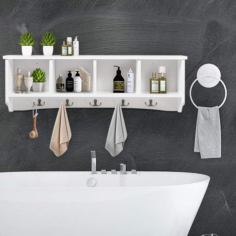 Giantex Wall-Mounted Storage Shelf W/4 Storage Units and 5 Dual Hooks