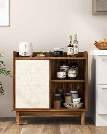 Giantex Sideboard Cabinet, Farmhouse Buffet Storage Cabinet with Sliding Rattan Door, 2 Adjustable Shelves