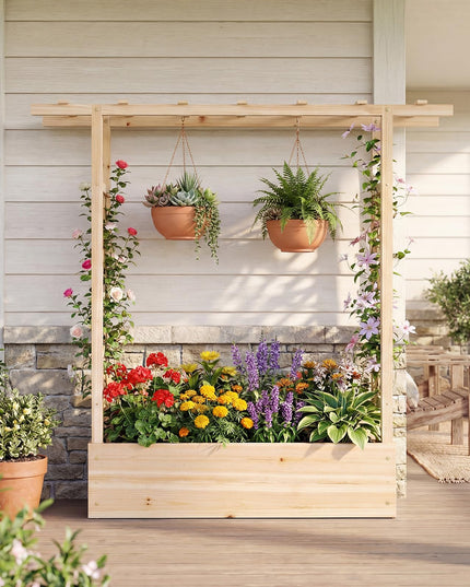Giantex 45" Wooden Raised Garden Bed with Trellis & Hanging Roof