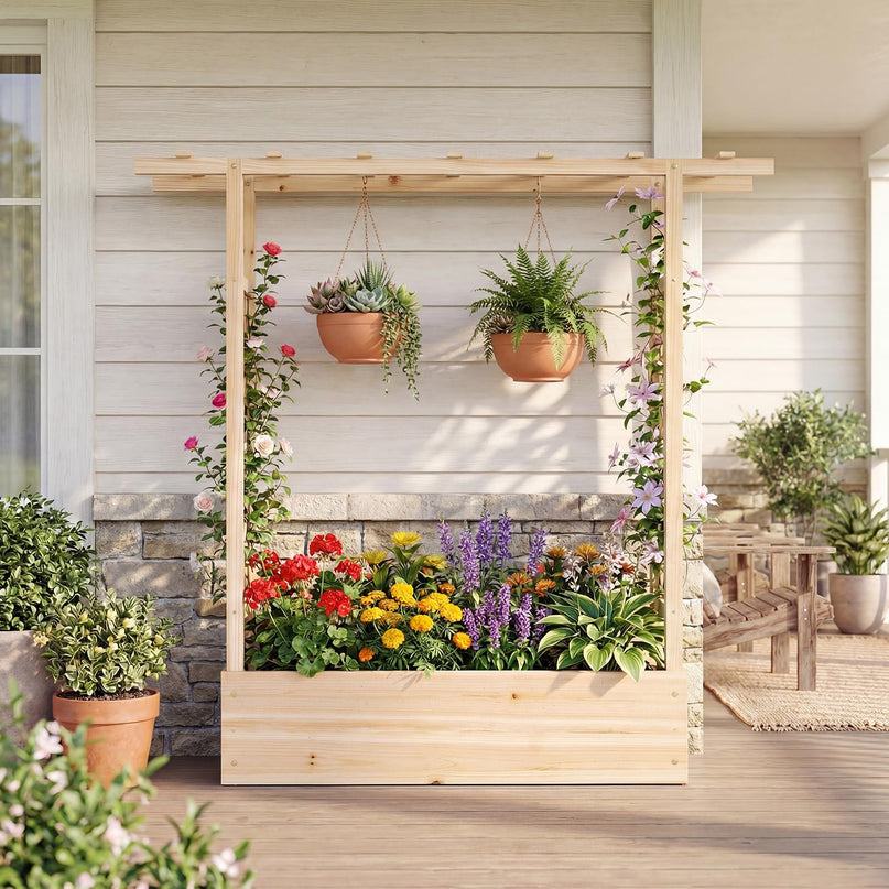 Giantex 45" Wooden Raised Garden Bed with Trellis & Hanging Roof