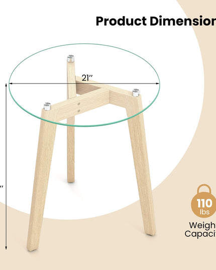 Giantex Modern Round Bedside Nightstand with Clear Tempered Glass Top & Rubber Wood Legs