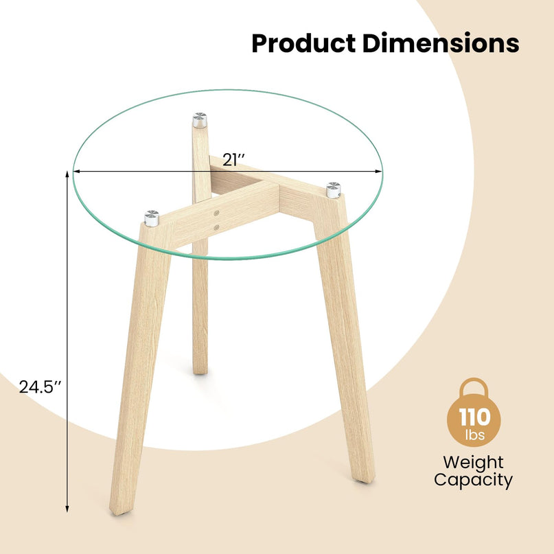 Giantex Modern Round Bedside Nightstand with Clear Tempered Glass Top & Rubber Wood Legs